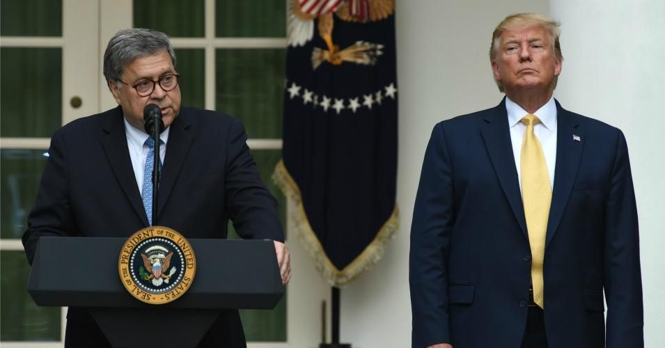 Attorney General William Barr speaks as President Donald Trump listens during a press conference the White House on July 11, 2019 in Washington, D.C.