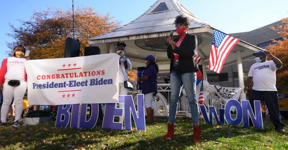 Wisconsin protesters demand that every vote is counted in the 2020 presidential election at a rally in Milwaukee, Wisconsin on November 7, 2020. (Photo by Daniel Boczarski/Getty Images for MoveOn)