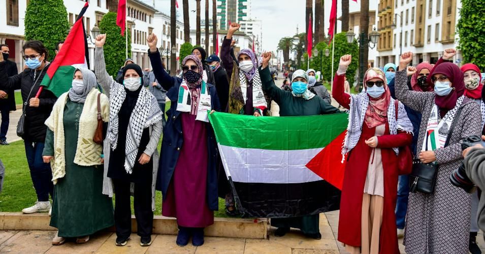 Moroccan women in Rabat on November 29, 2020 protesting the impending normalization of diplomatic relations between Morocco and Israel. (Photo: Jalal Morchidi/Andalou Agency via Getty Images) 