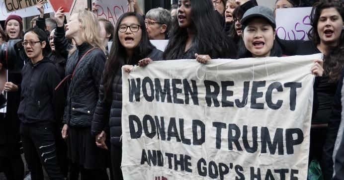Women protesting the misogyny of the Trump campaign outside of Trump Tower in New York City on October 12, 2016. (Photo: Laura Flanders Show ‏via Twitter)