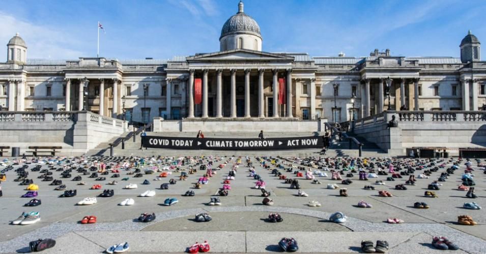 The climate advocacy movement Extinction Rebellion on Monday filled up Trafalgar Square in London with more than 2,000 children's shoes.