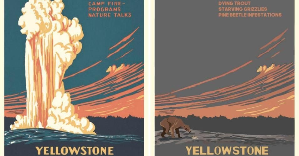 Original Yellowstone poster and the re-imagined one for year 2050.