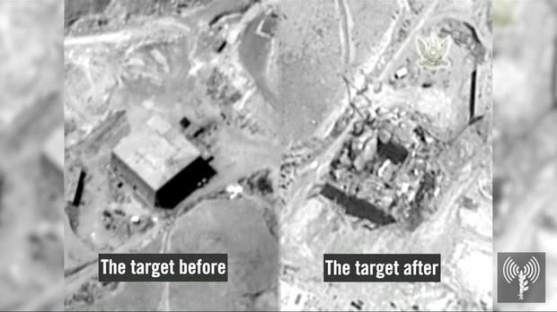 A still frame taken from video material released on March 21, 2018 shows a combination image of what the Israeli military describes is before and after an Israeli air strike on a suspected Syrian nuclear reactor site near Deir al-Zor on Sept 6, 2007. (IDF Handout via Reuters)