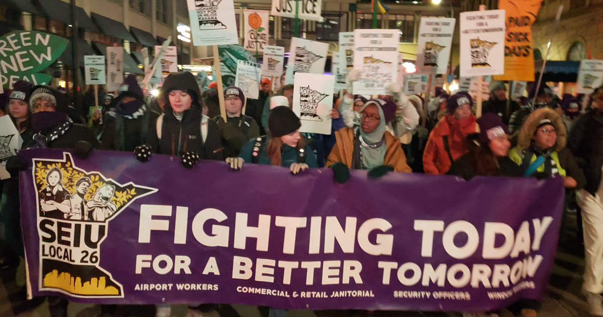 Thousands of Minneapolis cleaning workers walked off their jobs and struck their downtown commercial high-rises. Among their key demands was that their employers take action on climate change. Quite possibly the first union sanctioned strike in the U.S. for climate protection demands. (Photo: SEIU Local 26)
