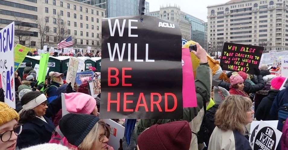 A sign reading, "We Will Be Heard" at the 2019 Women's March in Washington, D.C. (Photo: TC Davis/Flickr/cc)