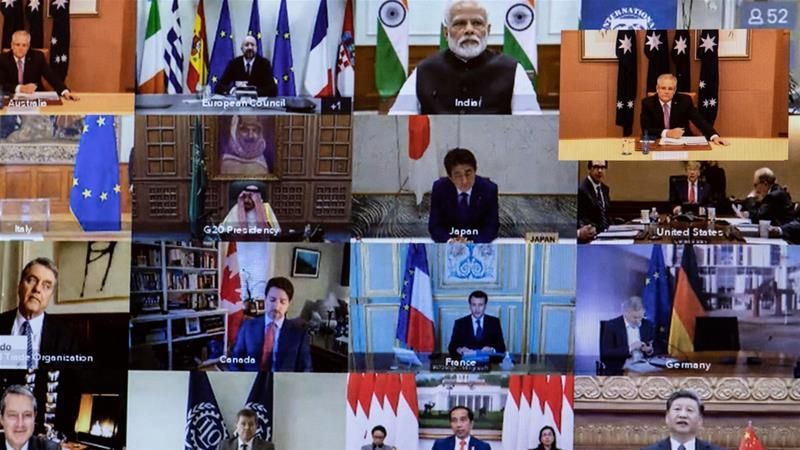 A view of members taking part on-screen during an unusual G20 Leaders' Summit to discuss the international COVID-19 crisis on March 26, 2020 in Canberra, Australia (Gary Ramage —Pool/Getty Images)