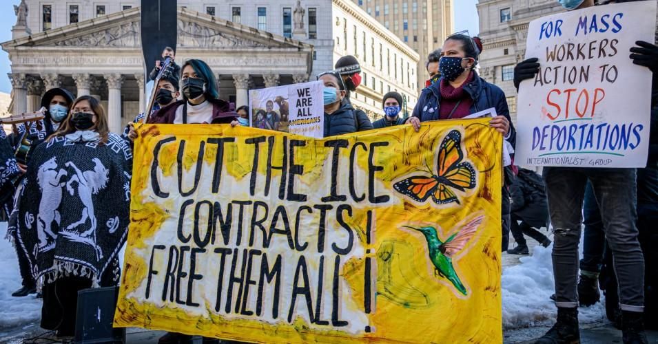 Demonstrators protest U.S. Immigration and Customs Enforcement (ICE) detention in New York City on February 6, 2021. 