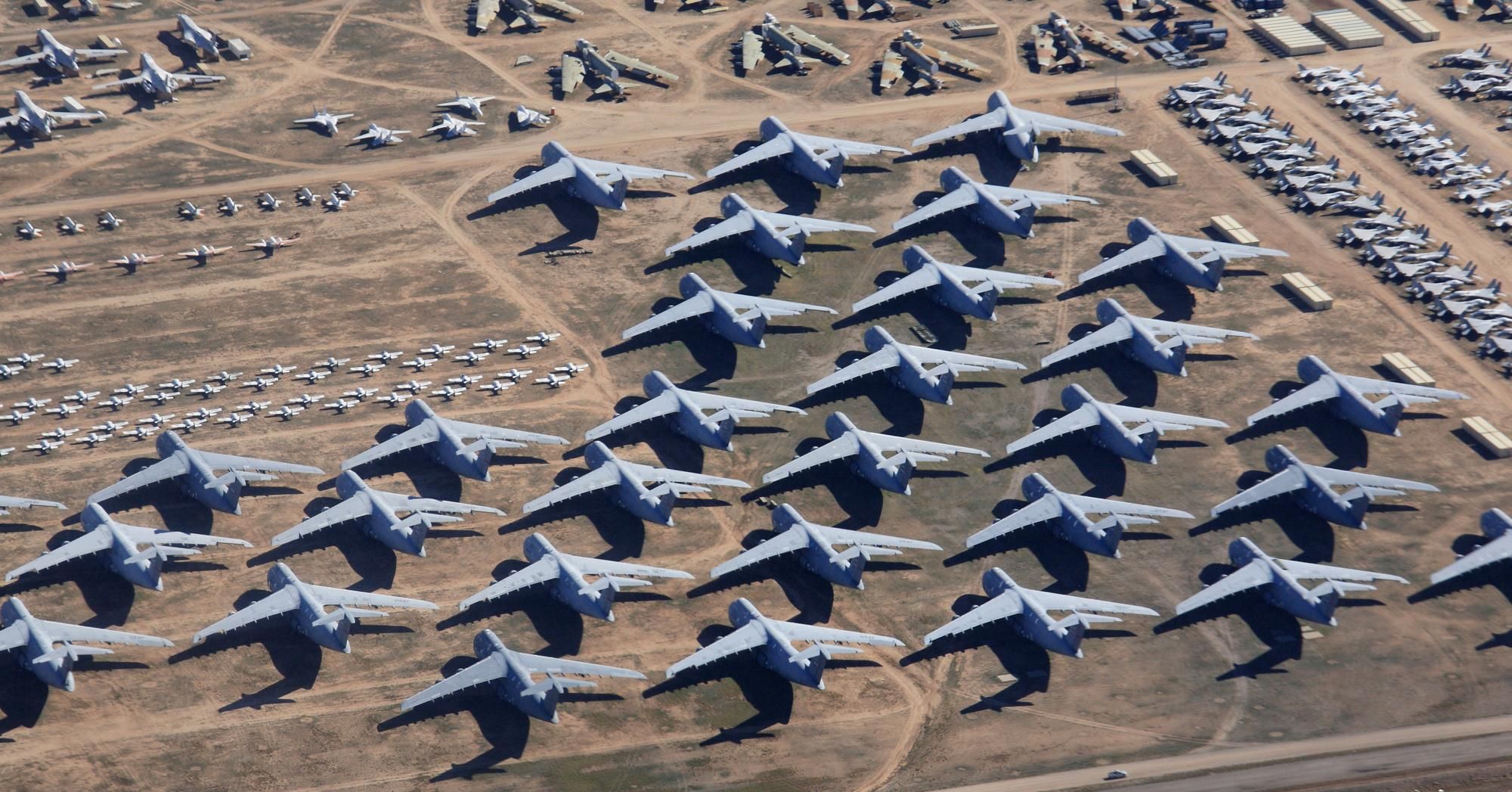 Surplus U.S. military planes are stored in the largest airplane boneyard in the world, operated by the 309th Aerospace Maintenance and Regeneration Group AMARG at Davis-Monthan Air Force Base in Tucson, Arizona. (Photo: Getty/Stock Photo)