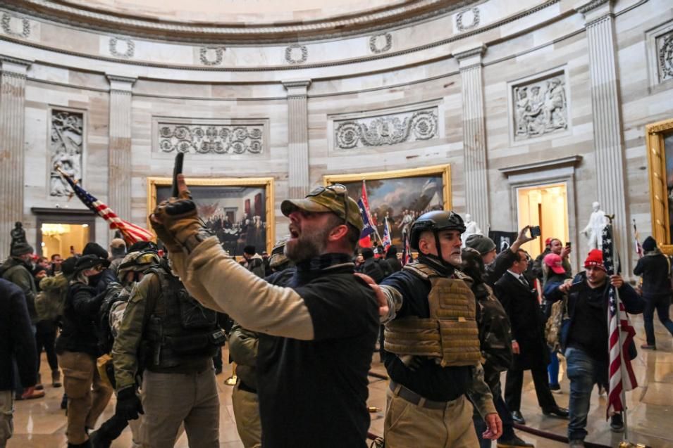 Supporters of US President Donald Trump enter the US Capitol's Rotunda on January 6, 2021, in Washington, DC. - Demonstrators breeched security and entered the Capitol as Congress debated the a 2020 presidential election Electoral Vote Certification. (Photo by SAUL LOEB/AFP via Getty Images)