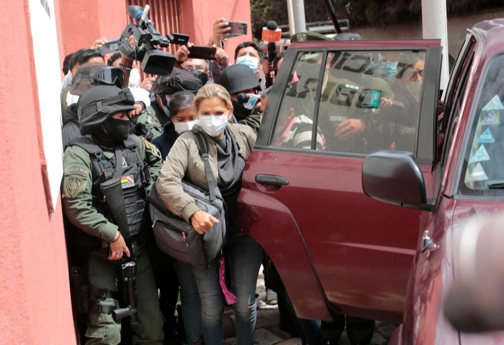 Former Bolivian President Jeanine Añez arrives to jail on March 15, 2021 in La Paz, Bolivia. Jeanine Añez, who was Bolivia interim president for a year, was arrested Saturday as restored leftist administration accuse her and five former ministers of sedition, terrorism, and conspiracy during the ousting of former ruler Evo Morales in 2019. (Photo: Gaston Brito/Getty Images)