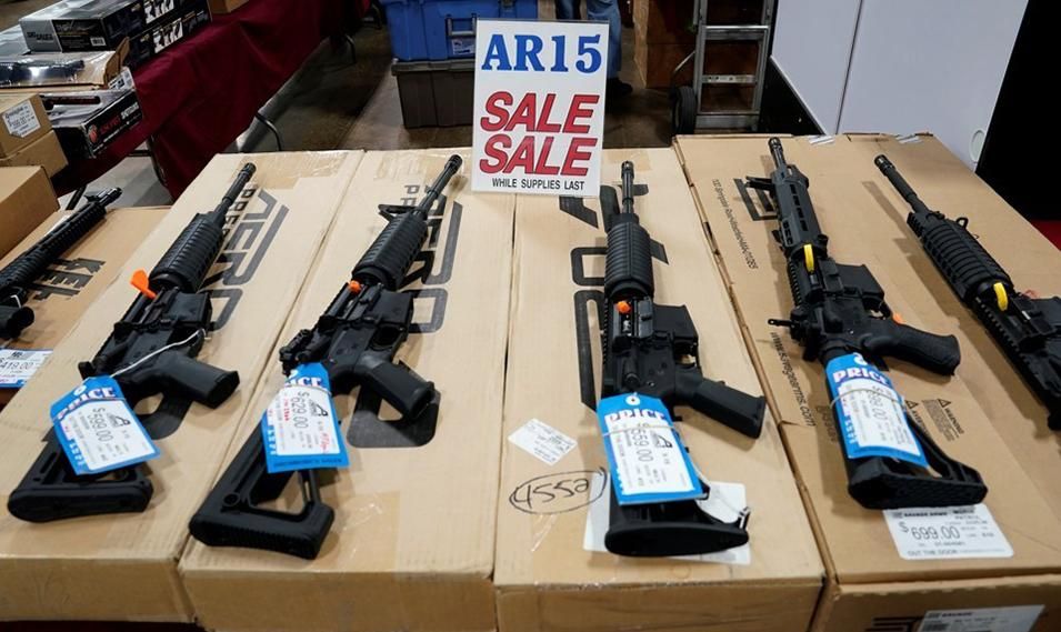 AR-15 rifles are displayed for sale at the Guntoberfest gun show in Oaks, Pennsylvania.