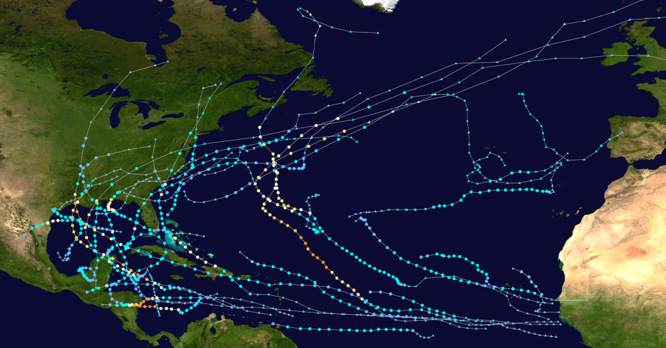 The map shows tracks and strength of Atlantic tropical cyclones in 2020. Blues are tropical depressions and tropical storms. Yellow through red show hurricanes. Darker shades meaning stronger ones. (Image: Master0Garfield/Wikimedia Commons)