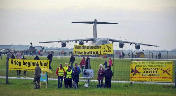 Protesters at Jagel Air Base, the key Bundeswehr drone base in northern Germany. (Credit: DFG-VK)