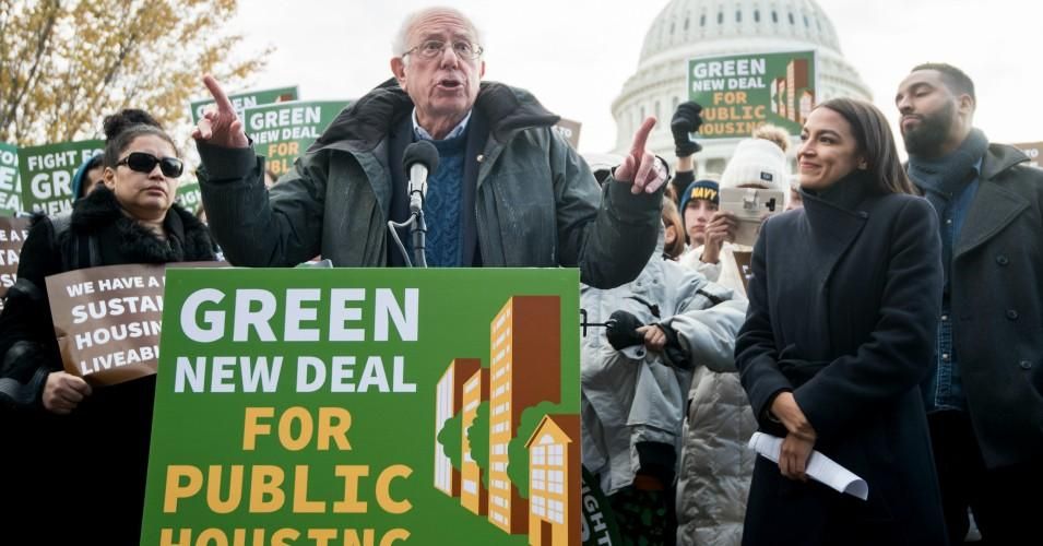 Sen. Bernie Sanders (I-Vt.), a 2020 Democratic presidential candidate, and Rep. Alexandria Ocasio-Cortez (D-N.Y.) introduce public housing legislation as part of the Green New Deal outside the U.S. Capitol on Thursday, November 14, 2019. (Photo: Bill Clark/CQ-Roll Call, Inc. via Getty Images)