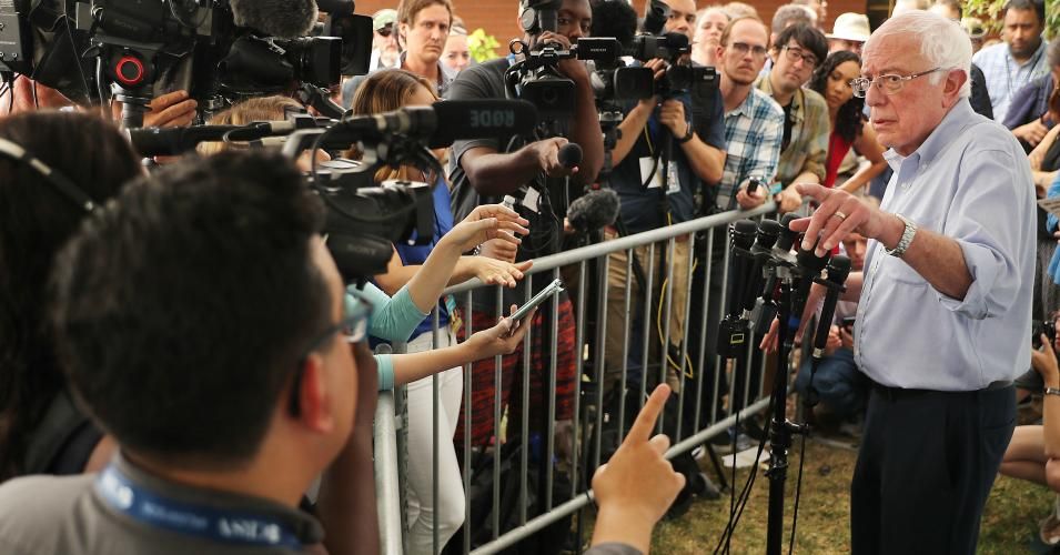 Democratic presidential candidate Sen. Bernie Sanders (I-VT) talks to journalists after speaking at the Des Moines Register Political Soapbox during the Iowa State Fair August 11, 2019 in Des Moines, Iowa. (Photo: Chip Somodevilla/Getty Images)