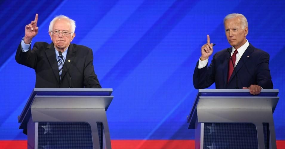 Democratic presidential hopefuls Sen. Bernie Sanders (I-Vt.) and former Vice President Joe Biden speak during the third Democratic primary debate of the 2020 presidential campaign season at Texas Southern University in Houston, Texas on September 12, 2019. (Photo: Robyn Beck/AFP/Getty Images)