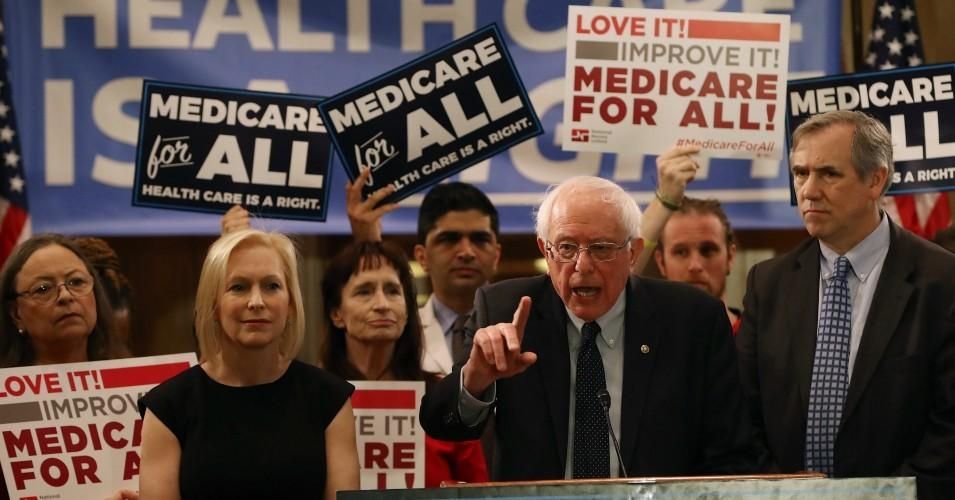 Sen. Bernie Sanders (I-Vt.) speaks while introducing the Medicare for All Act of 2019 with Sens. Kirsten Gillibrand (D-N.Y.), and Sen. Jeff Merkley (D-Ore.) during a news conference on Capitol Hill, on April 9, 2019 in Washington, D.C. (Photo: Mark Wilson/Getty Images)