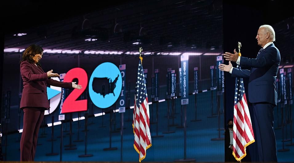 Harris and Biden at the end of the third day of the Democratic National Convention at the Chase Center in Wilmington, Delaware on August 19, 2020