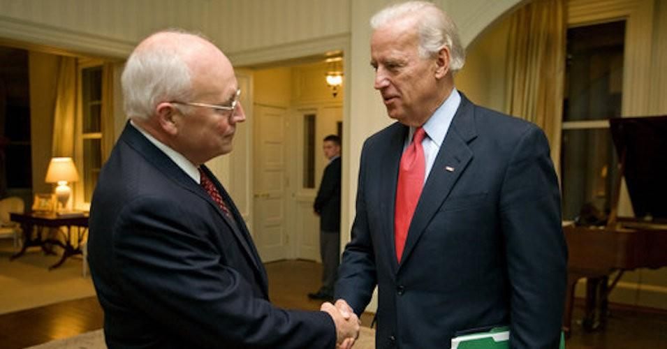 Former Vice Presidents Joe Biden and Dick Cheney shake hands