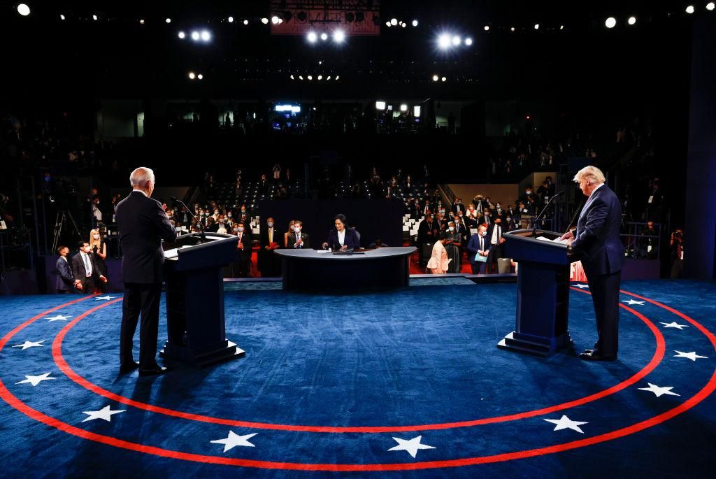 U.S. President Donald Trump and Democratic presidential nominee Joe Biden participate in the final presidential debate at Belmont University on October 22, 2020 in Nashville, Tennessee. This is the last debate between the two candidates before the November 3 election. (Photo by Jim Bourg-Pool/Getty Images)