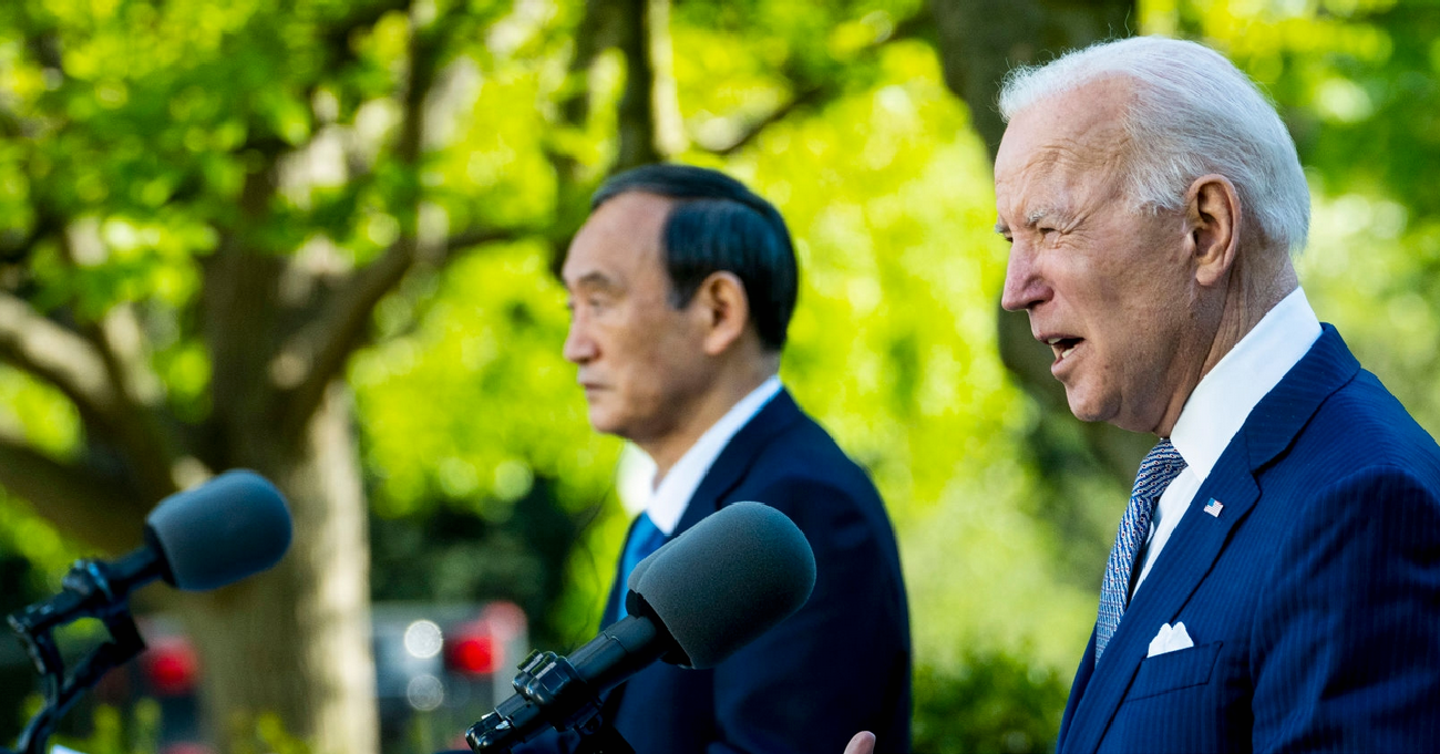U.S. President Joe Biden (R) and Prime Minister Yoshihide Suga of Japan hold a news conference in the Rose Garden of the White House on April 16, 2021 in Washington, DC. The two leaders met to discuss issues including human rights, China, supply chain resilience and other topics. (Photo by Doug Mills-Pool/Getty Images)