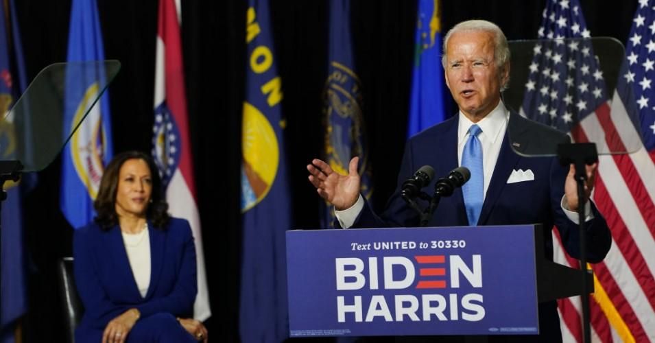Joe Biden appears with his Vice President-elect Kamala Harris at Alexis I. DuPont High School in Wilmington, Delaware on Wednesday, August 12, 2020.