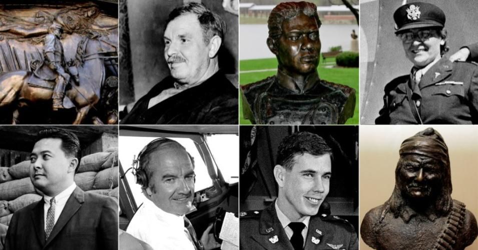 Top row, from left: memorial to Robert Gould Shaw in Boston; Alvin York; a bust of Lt. Henry Flipper; then-Capt. Josephine Nesbit; bottom row, from left: Daniel Inouye in 1959; George McGovern in 1972; Chief Warrant Officer Hugh Thompson in 1969; a bust of Geronimo in the museum at Ft. Sill in Oklahoma. 