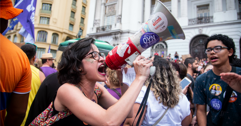 Protesters gather against the far-right’s presidential candidate on September 29, 2018 in Rio de Janeiro, Brazil.