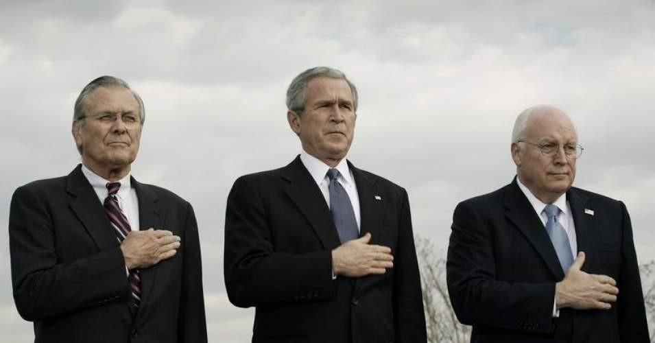(From left) Former Defense Secretary Donald Rumsfeld, President George W. Bush, and Vice President Dick Cheney. "My investigation into the causes of the war," writes Professor Butt, "finds that it had little to do with fear of WMDs - or other purported goals, such as a desire to "spread democracy" or satisfy the oil or Israel lobbies. Rather, the Bush administration invaded Iraq for its demonstration effect." (Photo: via PRI)