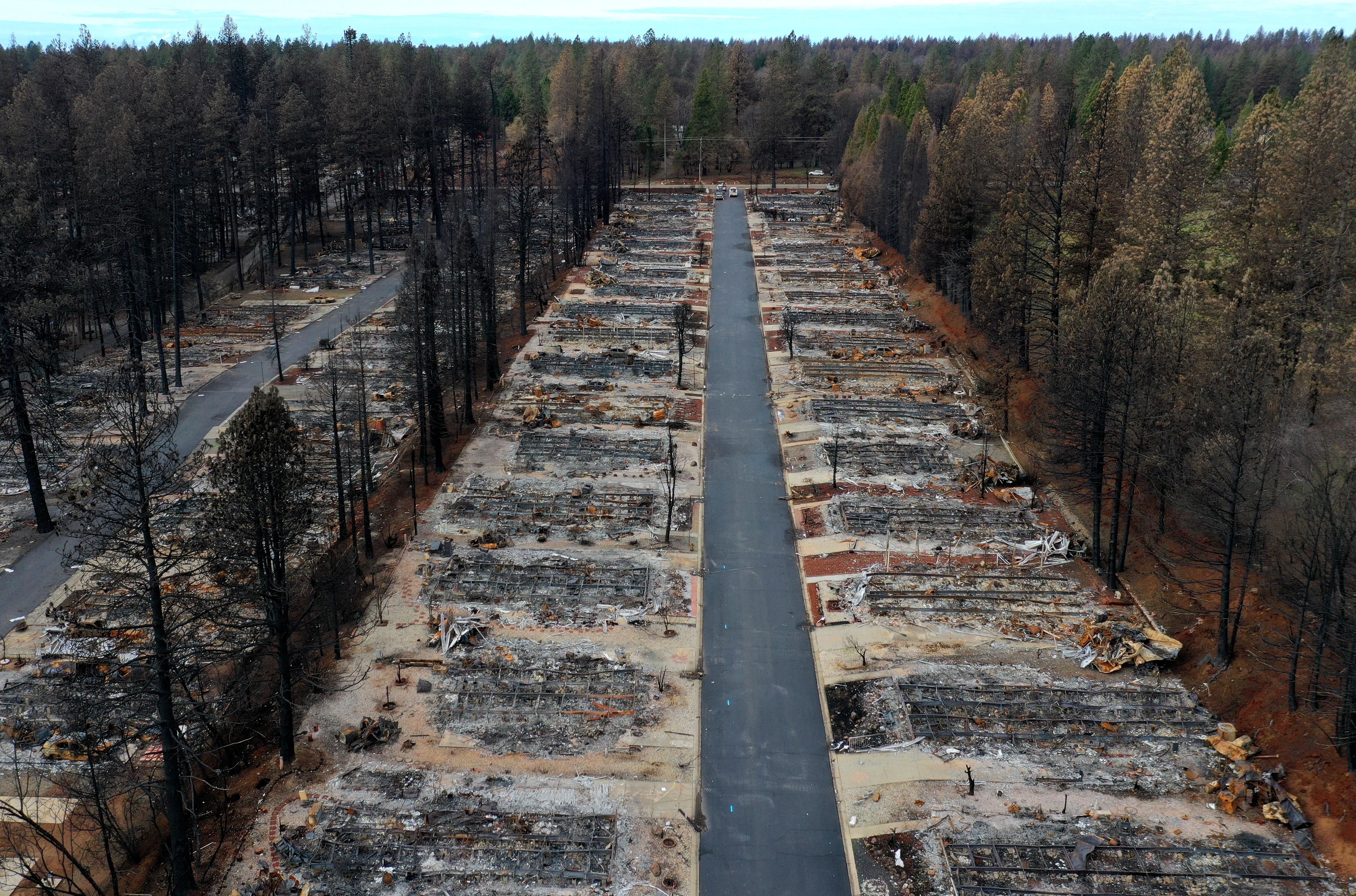 An aerial view of homes destroyed by the Camp Fire on February 11, 2019 in Paradise, California. (Photo: Justin Sullivan/Getty Images)