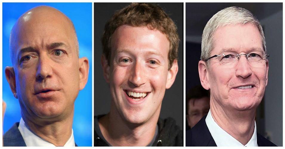 This combination of file photos shows Amazon founder and CEO Jeff Bezos, Facebook CEO Mark Zuckerberg, and Apple CEO Tim Cook. (Photo: DSK/AFP via Getty Images)