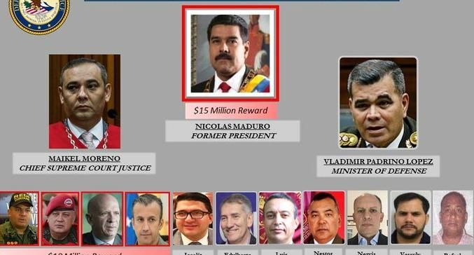 A U.S. Justice Department images displays charges against Venezuelan President Nicolás Maduro and other Venezuelan officials on March 26, 2020. 