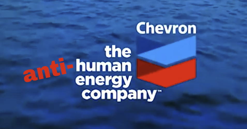 A new climate campaign video released Thursday parodies a TV commercial produced Wavemaker, the ad agency contracted by Chevron, by keeping the stock imagery of sunrises and people climbing mountains, but replacing the voiceover with the truth about Chevron's impacts on the climate and communities. (Image: Screenshot/YouTube w/ overlay)