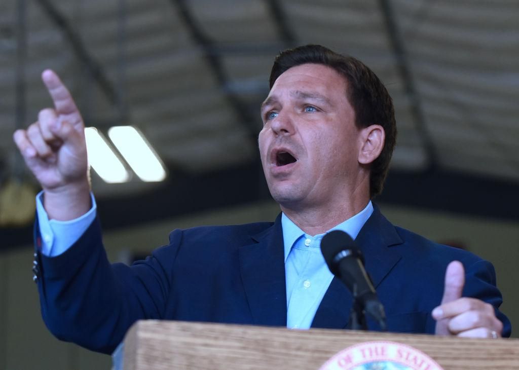 Florida Governor, Ron DeSantis responds to a question from the media at a press conference at the Eau Gallie High School aviation hangar March 22, 2021. (Photo by Paul Hennessy/SOPA Images/LightRocket via Getty Images)
