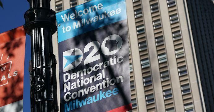 A sign advertises the convention at Wisconsin Center, home to the 2020 Democratic National Convention in Milwaukee on August 11, 2020.
