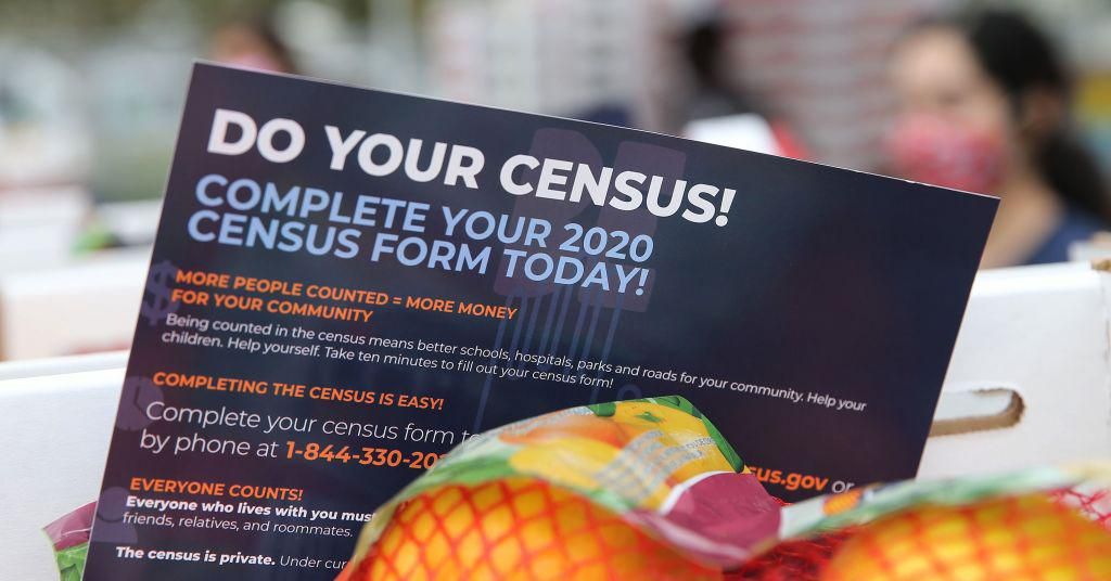 A pamphlet with 2020 census information is included in a box of food to be distributed by the Los Angeles Regional Food Bank to people facing economic or food insecurity amid the COVID-19 pandemic on August 6, 2020 in Paramount, California. (Photo: Mario Tama/Getty Images)