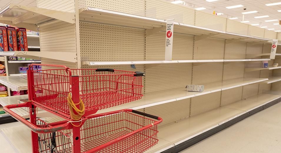Empty shelves are visible at a Target retail store in Contra Costa County, San Ramon, California, as residents purchase all available stock of toilet paper, paper towels, canned goods, hand sanitizer and other essential items during an outbreak of the COVID-19 coronavirus, March 12, 2020.