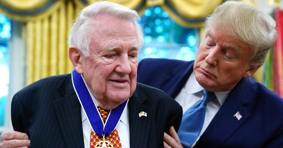 U.S. President Donald Trump awards the National Medal of Freedom to former Attorney General Edwin Meese during a ceremony in the Oval Office at the White House October 08, 2019 in Washington, DC. Meese was appointed attorney general by President Ronald Reagan and served from 1985 to 1988. (Photo: Chip Somodevilla/Getty Images)