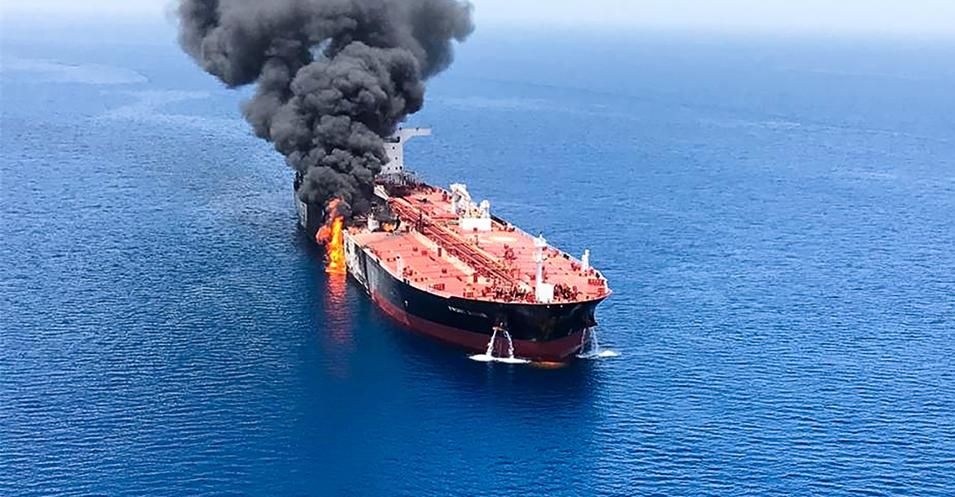 A picture obtained by AFP from Iranian News Agency ISNA on June 13, 2019 reportedly shows fire and smoke billowing from Norwegian owned Front Altair tanker said to have been attacked in the waters of the Gulf of Oman.