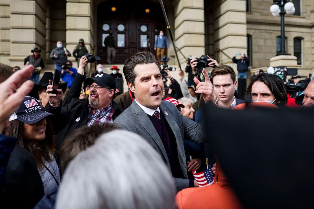 Rep. Matt Gaetz (R-FL) greets supporters after speaking to a crowd during a rally against Rep. Liz Cheney (R-WY) on January 28, 2021 in Cheyenne, Wyoming. Gaetz added his voice to a growing effort to vote Cheney out of office after she voted in favor of impeaching Donald Trump. (Photo by Michael Ciaglo/Getty Images)