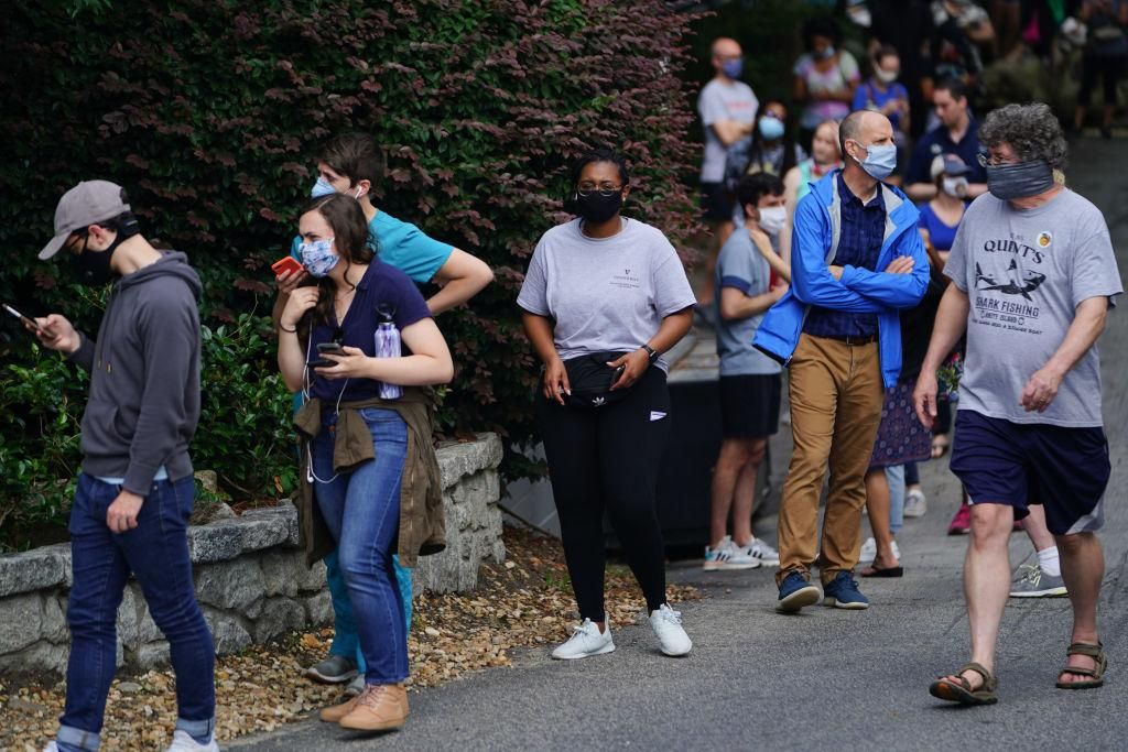People wait in line to vote in Georgia's Primary Election on June 9, 2020 in Atlanta, Georgia. (Photo by Elijah Nouvelage/Getty Images)