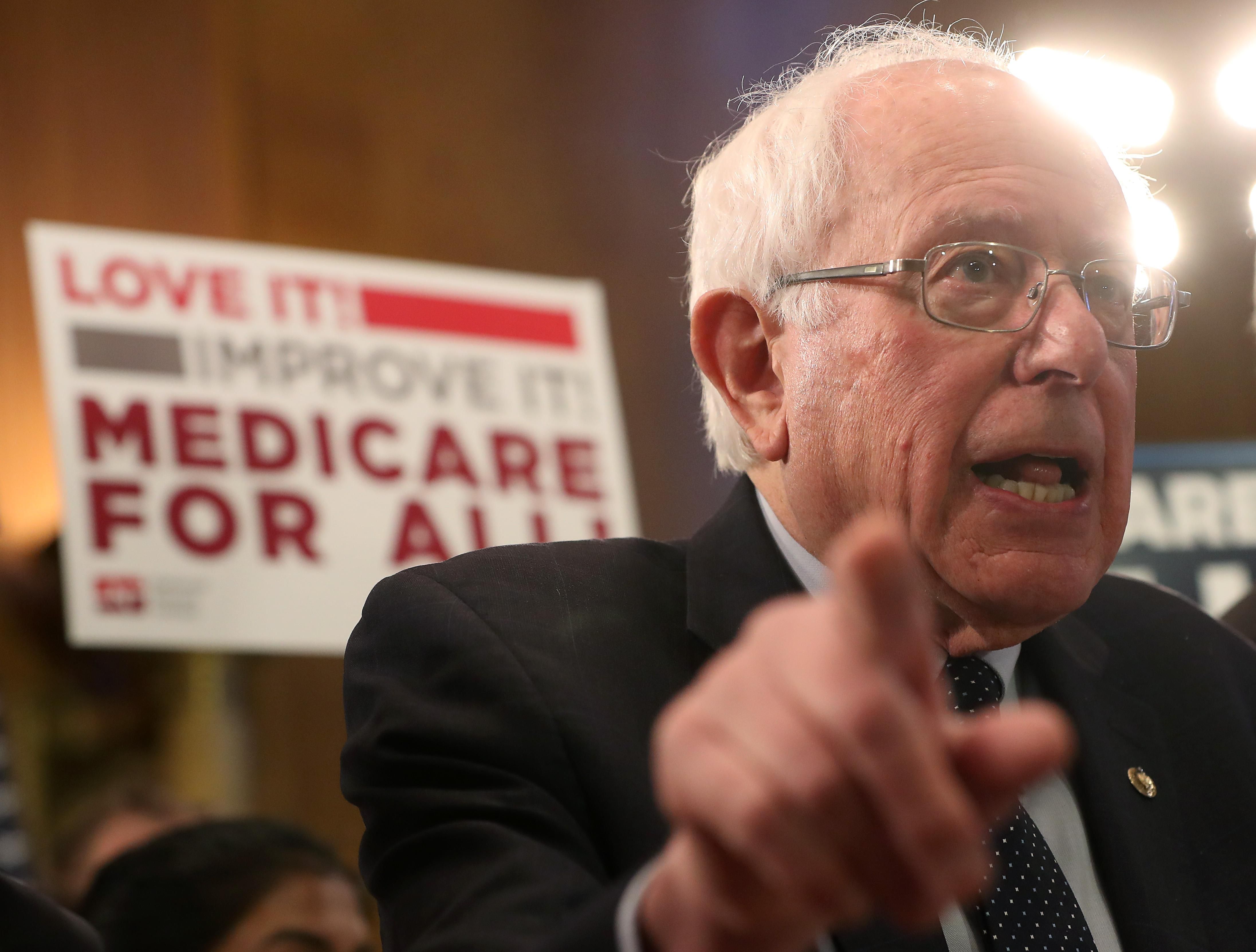 Sen. Bernie Sanders (I-VT) speaks while introducing health care legislation titled the 'Medicare for All Act of 2019', during a news conference on Capitol Hill, on April 9, 2019 in Washington, DC. (Photo by Mark Wilson/Getty Images)