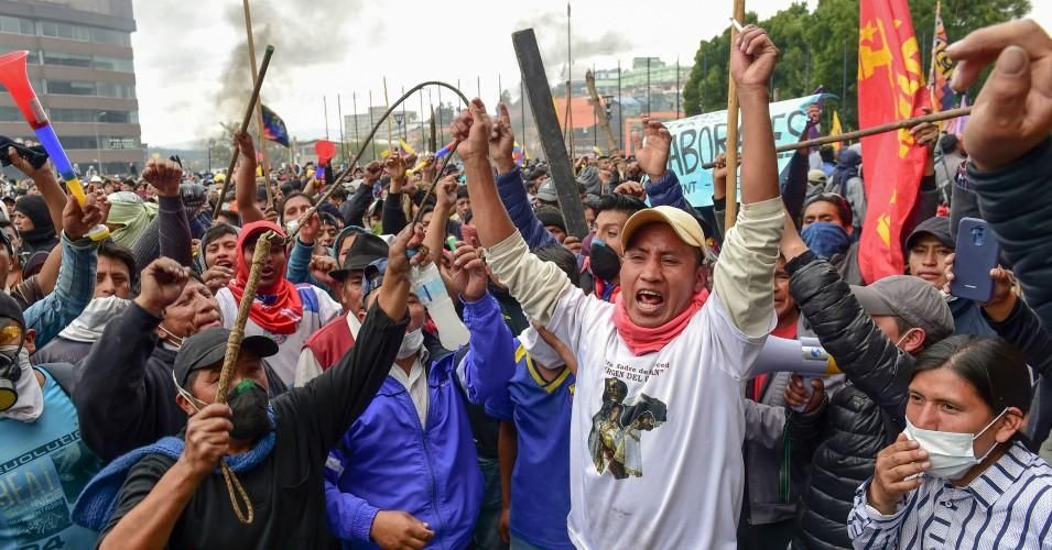 Demonstrators shouted slogans outside the national assembly in Quito, Ecuador on Oct. 8, 2019 following days of protests against the sharp rise in fuel prices sparked by the government's decision to scrap subsidies. (Photo: by Martin Bernetti/AFP via Getty Images)