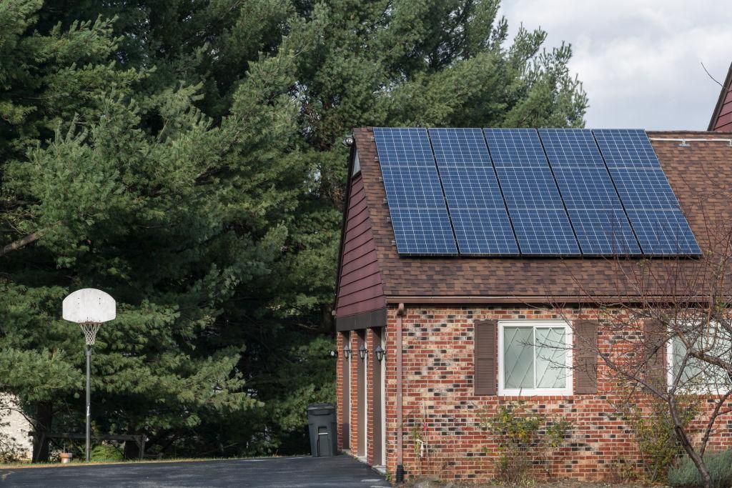Solar Panels on the roof of a house along Lovat Rd in Beaufort Park in Fulton Maryland. (Photo by Benjamin C. Tankersley/For The Washington Post via Getty Images)