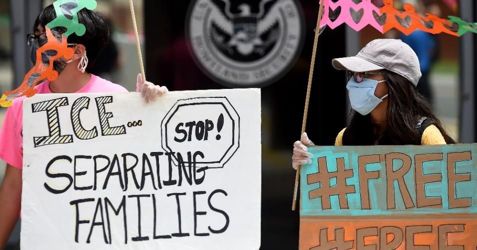 Demonstrators protest outside the Immigration and Customs Enforcement (ICE) headquarters to demand the release of immigran families in detention centers at risk during the coronavirus pandemic in Washington, D.C. on July 17, 2020.
