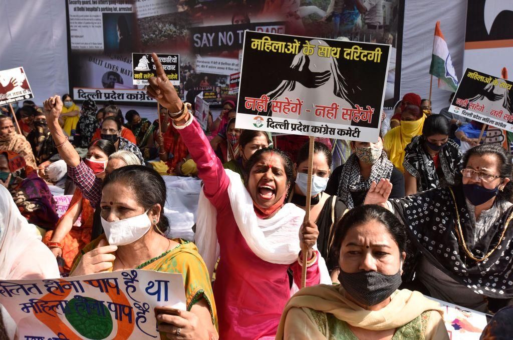 Delhi Pradesh Congress Committee members protest against the recent events of atrocities against women from minority communities in the country, at Jantar Mantar on November 5, 2020 in New Delhi, India. (Photo by Sanjeev Verma/Hindustan Times via Getty Images)