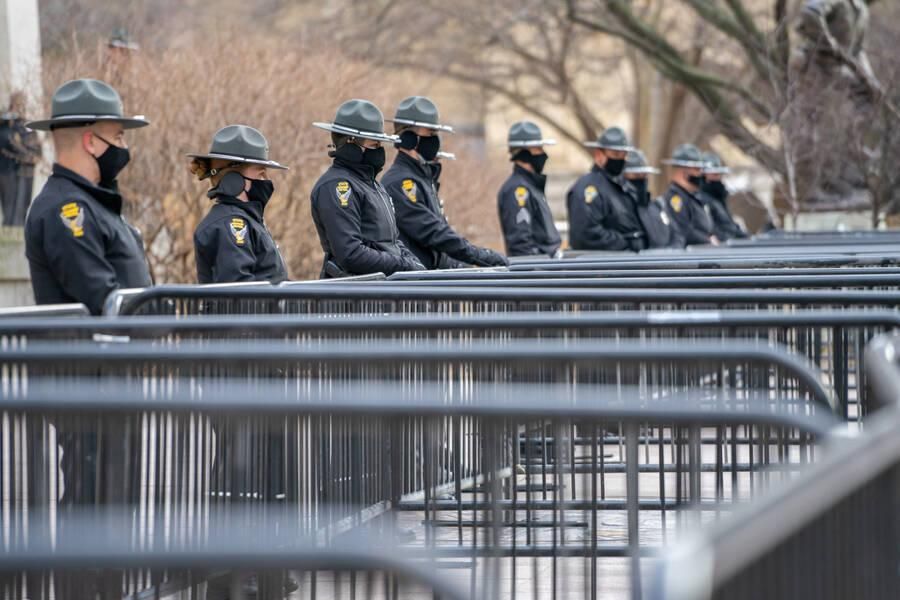 Officers stand guard as antifa protesters rally against threats from the far-right on January 20 in Columbus, Ohio. (Photo by Jason Whitman/Nurphoto via Getty Images)