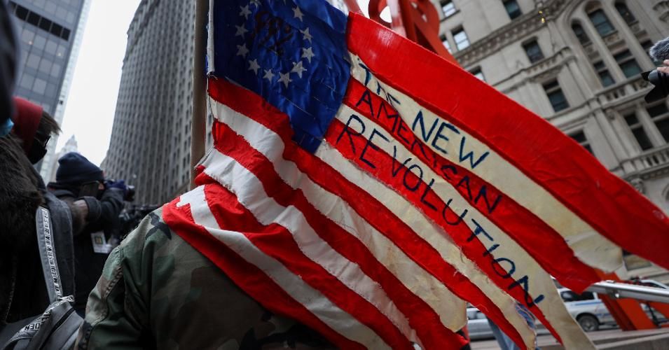 New York Young Republicans gathered at Zuccotti Park in lower Manhattan for a so-called "Re-Occupy Wall Street" demonstration in New York City, United States on January 31, 2021. (Photo by Tayfun Coskun/Anadolu Agency via Getty Images)