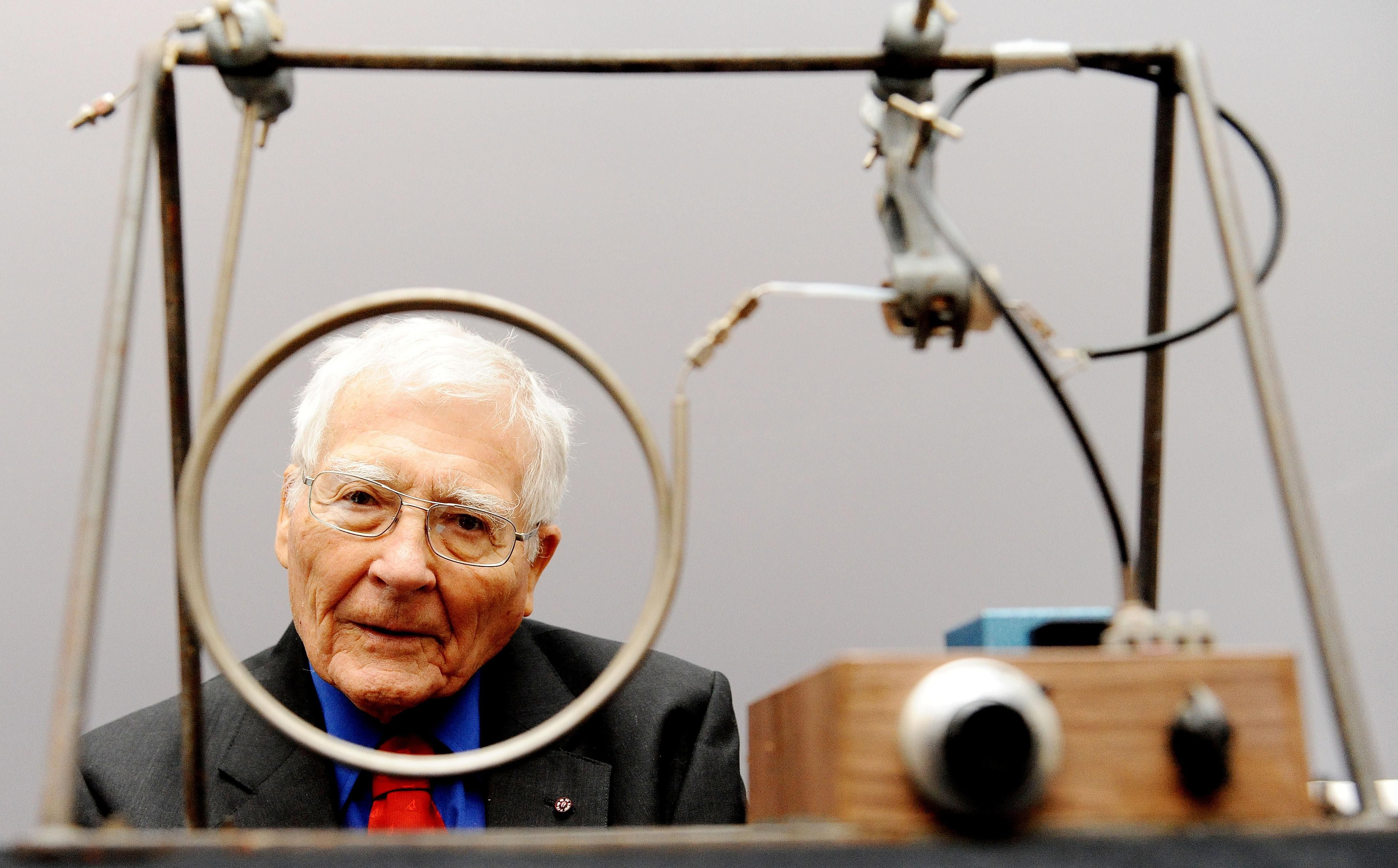Scientist and inventor James Lovelock, 94, sits with one of his early inventions, a homemade Gas Chromatography device, used for measuring gas and molecules present in the atmosphere, during a photocall for the Unlocking Lovelock: Scientist, Inventor, Maverick exhibition at the Science Museum, south west London. (Photo by Nick Ansell/PA Images via Getty Images)