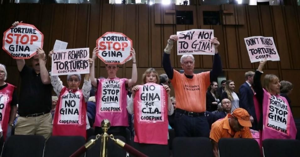 Members of Code Pink for Peace protest before Central Intelligence Agency acting Director Gina Haspel's confirmation hearing to become the next CIA director before a Senate Intelligence Committee hearing in the Hart Senate Office Building May 9, 2018 in Washington, D.C.
